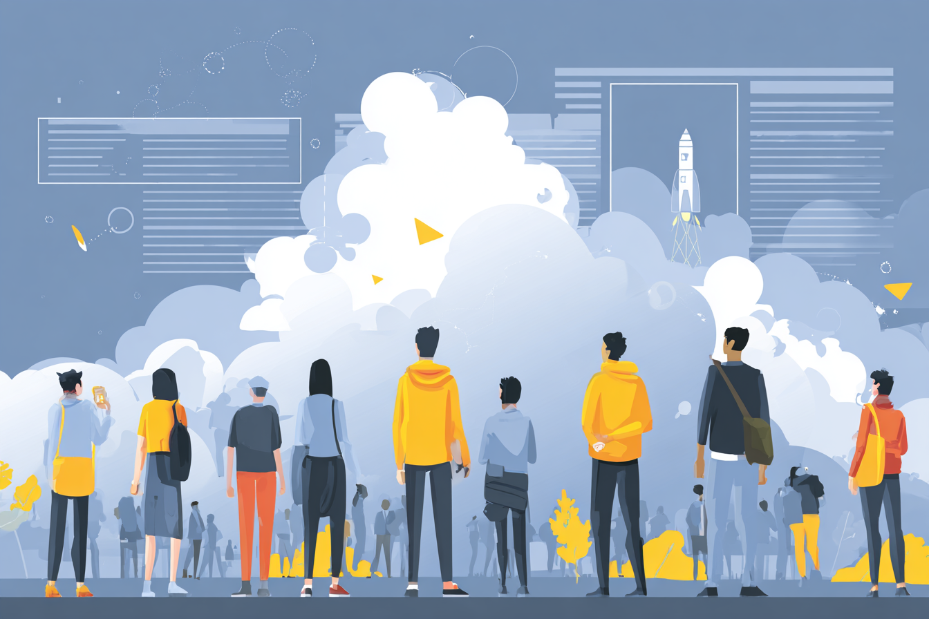 Illustration of people eagerly anticipating a new product launch
